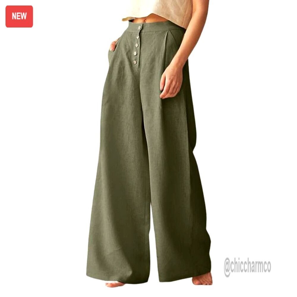 High Waist Wide Leg Palazzo Pants Cotton Linen Summer Casual with Pockets
